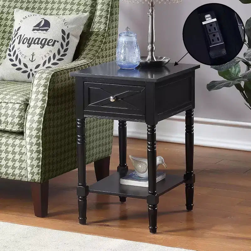 HomeStock Belmont End Table with Hidden Charging Station, 2 Outlets, 2 USB Ports, Drawer Storage and Shelf, Stylish Accent Table for Home