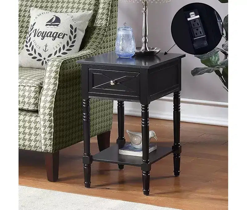 HomeStock Belmont End Table with Hidden Charging Station, 2 Outlets, 2 USB Ports, Drawer Storage and Shelf, Stylish Accent Table for Home
