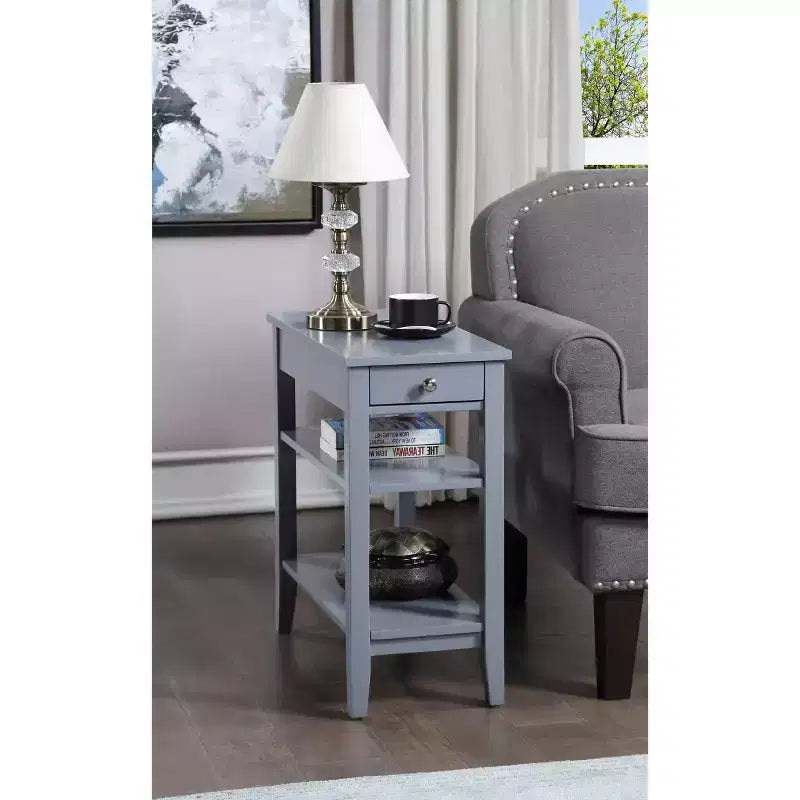 HomeStock Belmont End Table with Smooth Drawer, Nickel Knob and Three Tier Storage Shelving, Transitional Side Table for Living Room or Office