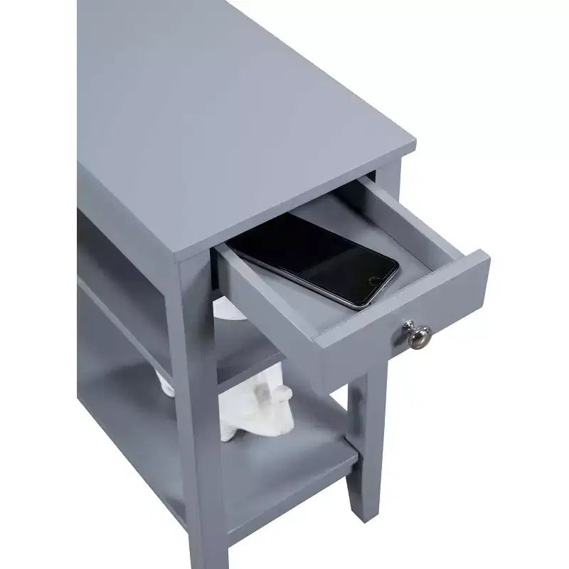 HomeStock Belmont End Table with Smooth Drawer, Nickel Knob and Three Tier Storage Shelving, Transitional Side Table for Living Room or Office