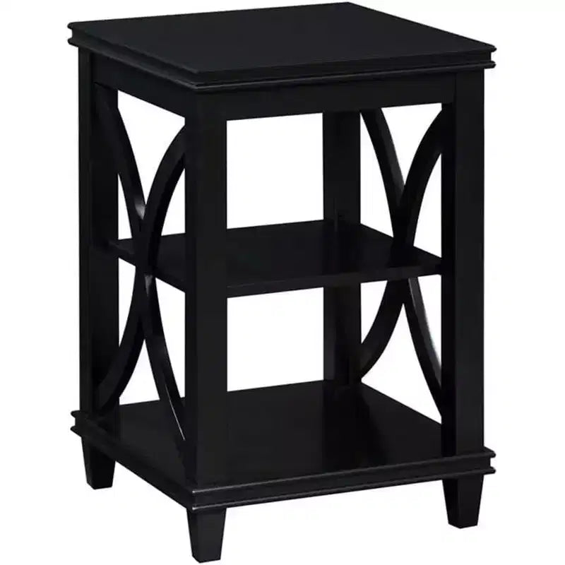 HomeStock Belmont End Table with Soft X-Shaped Side Design and Two Tier Shelves, Solid Rubberwood with Oak Veneer for Living Room Storage