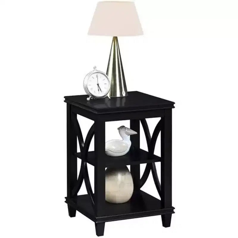 HomeStock Belmont End Table with Soft X-Shaped Side Design and Two Tier Shelves, Solid Rubberwood with Oak Veneer for Living Room Storage