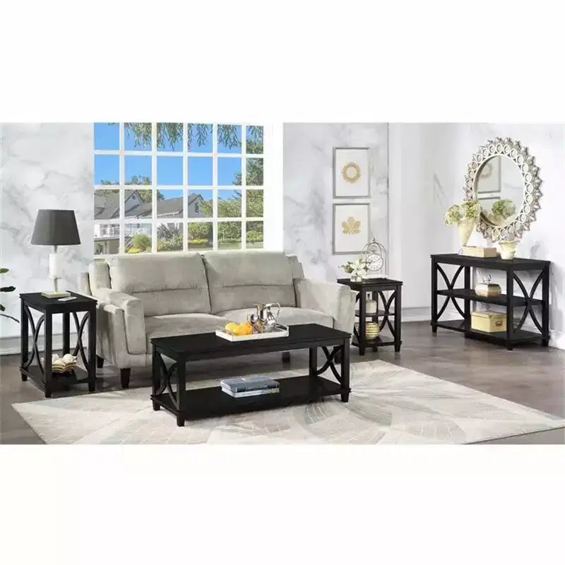 HomeStock Belmont End Table with Soft X-Shaped Side Design and Two Tier Shelves, Solid Rubberwood with Oak Veneer for Living Room Storage