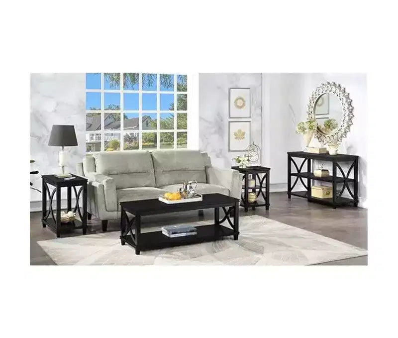 HomeStock Belmont End Table with Soft X-Shaped Side Design and Two Tier Shelves, Solid Rubberwood with Oak Veneer for Living Room Storage
