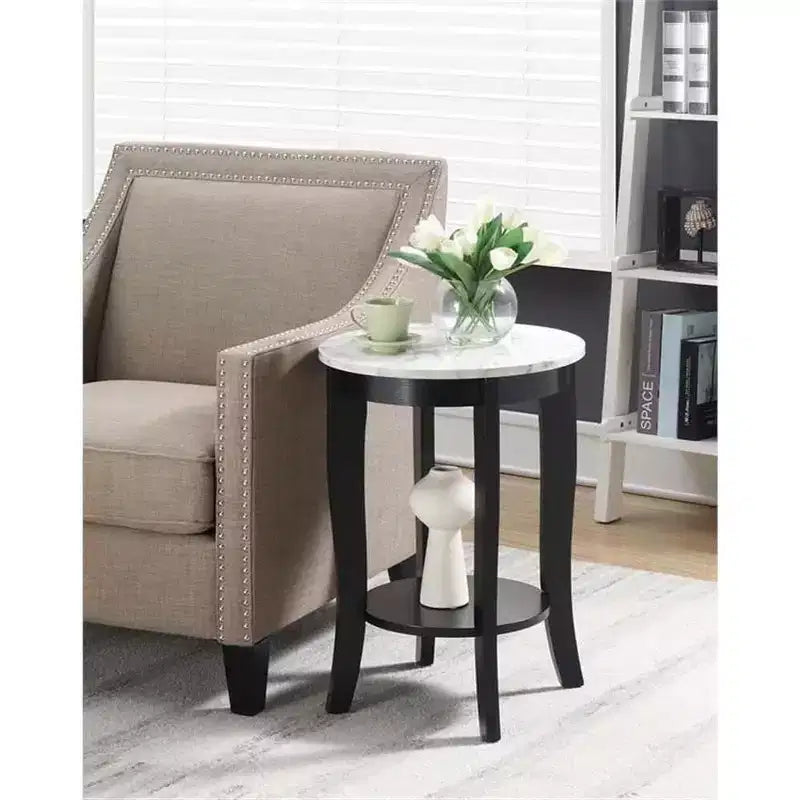 HomeStock Belmont End Table with Drawer and Slide Out Shelf, Sleek Faux Marble Top with Black Finish, Stylish Storage Table for Living Room