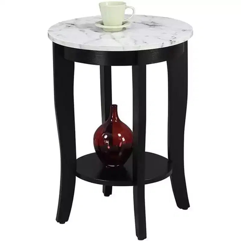 HomeStock Belmont End Table with Drawer and Slide Out Shelf, Sleek Faux Marble Top with Black Finish, Stylish Storage Table for Living Room
