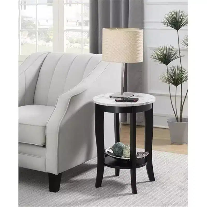 HomeStock Belmont End Table with Drawer and Slide Out Shelf, Sleek Faux Marble Top with Black Finish, Stylish Storage Table for Living Room