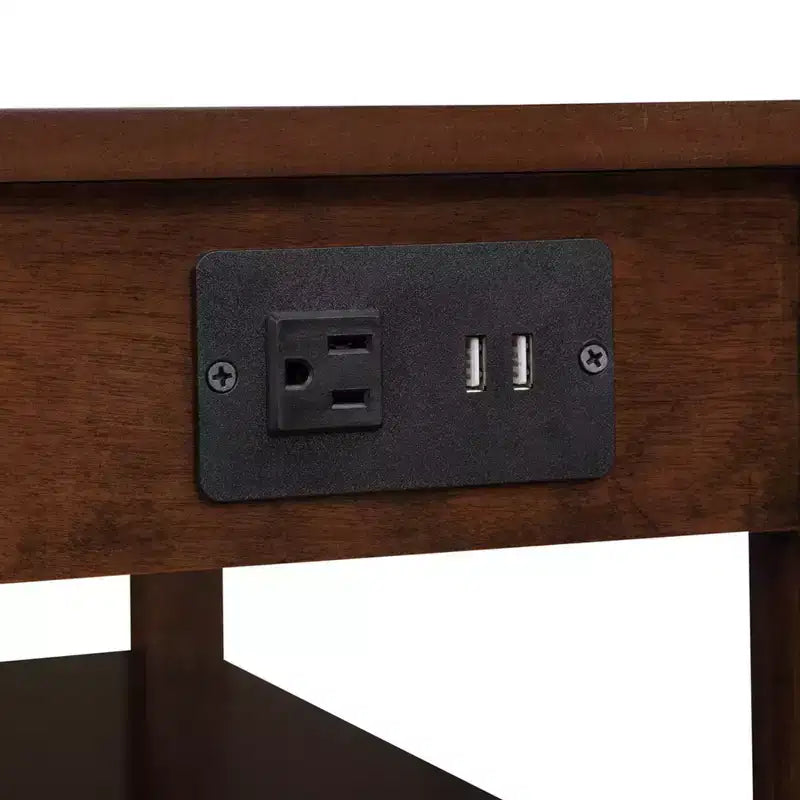 HomeStock Belmont Chairside End Table with Drawer, Built-In Charging Station, USB Ports and Three Shelves, Modern Side Table for Home Storage