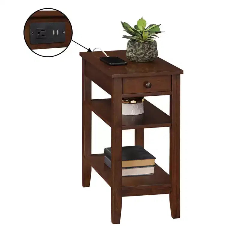 HomeStock Belmont Chairside End Table with Drawer, Built-In Charging Station, USB Ports and Three Shelves, Modern Side Table for Home Storage