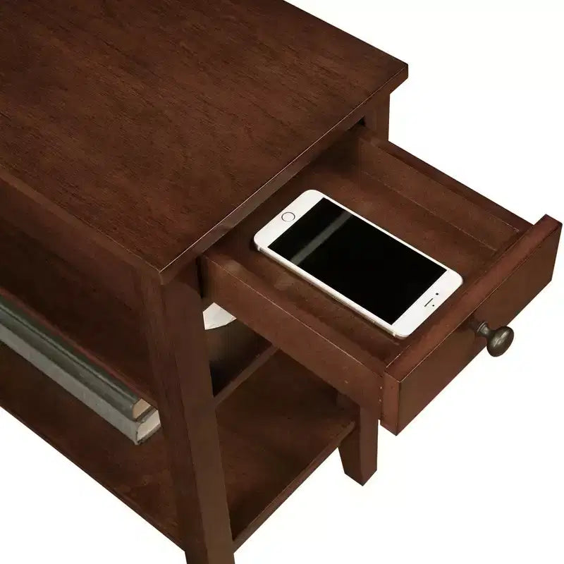 HomeStock Belmont Chairside End Table with Drawer, Built-In Charging Station, USB Ports and Three Shelves, Modern Side Table for Home Storage