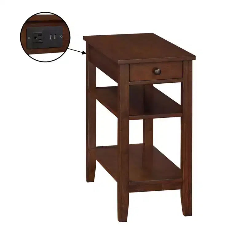 HomeStock Belmont Chairside End Table with Drawer, Built-In Charging Station, USB Ports and Three Shelves, Modern Side Table for Home Storage