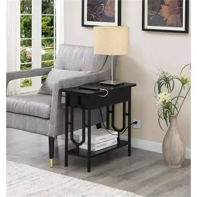 HomeStock Belmont Flip Top End Table with Hidden Charging Station, Two Outlets, Two USB Ports and Concealed Storage Compartment