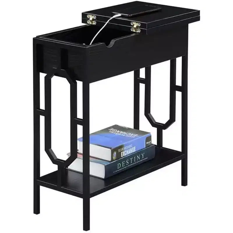 HomeStock Belmont Flip Top End Table with Hidden Charging Station, Two Outlets, Two USB Ports and Concealed Storage Compartment