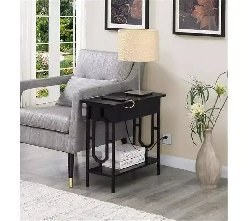 HomeStock Belmont Flip Top End Table with Hidden Charging Station, Two Outlets, Two USB Ports and Concealed Storage Compartment
