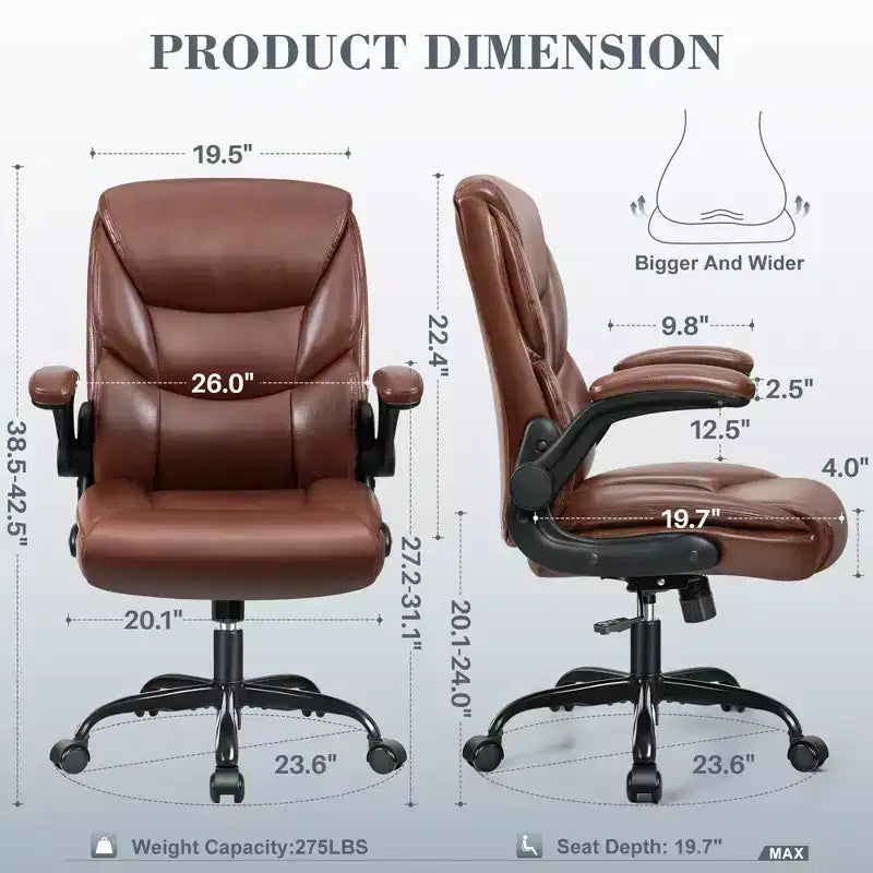 KERDOM Office Chair Computer Desk Chair, PU Leather Swivel Executive Task Chair with Adjustable Height, Brown