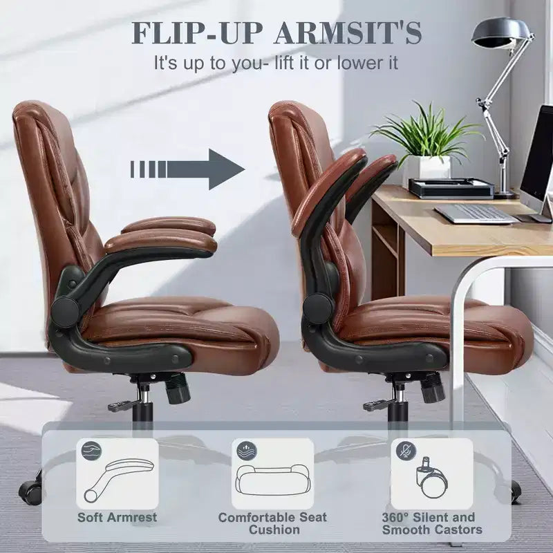 KERDOM Office Chair Computer Desk Chair, PU Leather Swivel Executive Task Chair with Adjustable Height, Brown