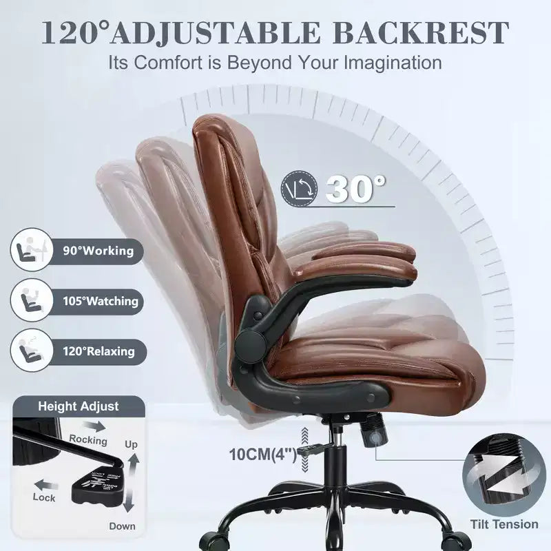 KERDOM Office Chair Computer Desk Chair, PU Leather Swivel Executive Task Chair with Adjustable Height, Brown