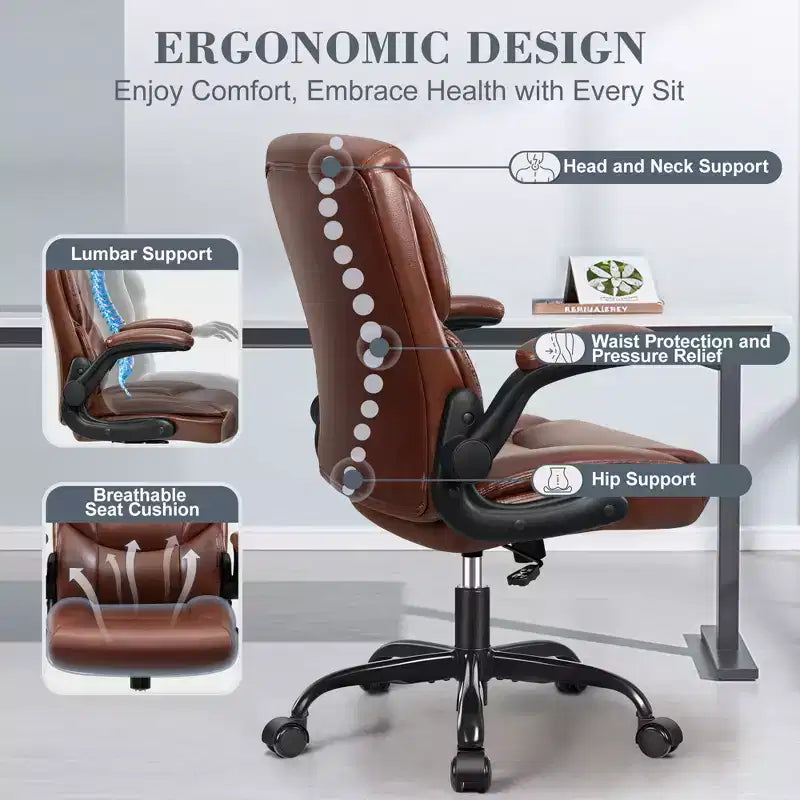 KERDOM Office Chair Computer Desk Chair, PU Leather Swivel Executive Task Chair with Adjustable Height, Brown
