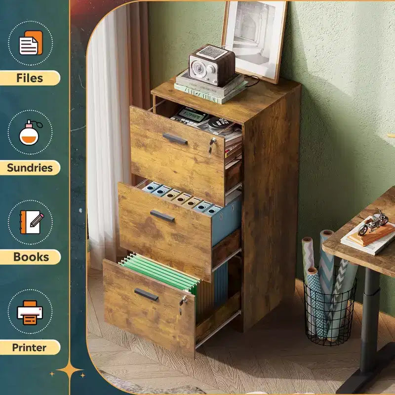 GALAXHERO 3-Drawer Vertical Wooden File Cabinet with Lock - Home Office Storage & Printer Stand for Letter/A4 Sizes