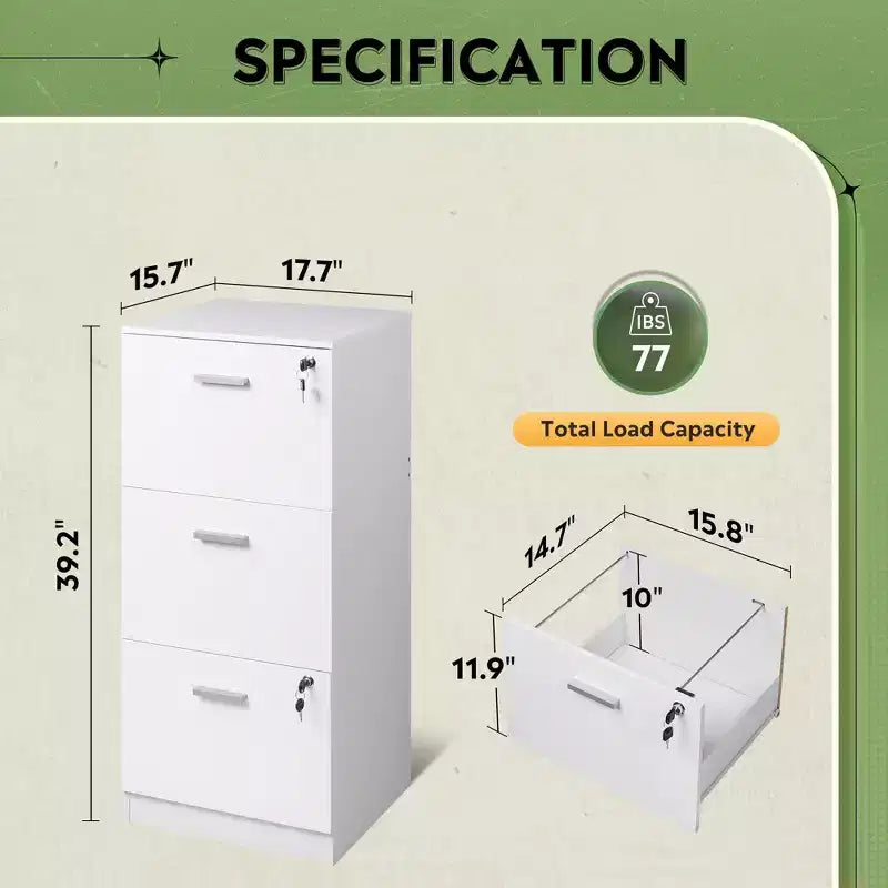 GALAXHERO 3-Drawer Vertical Wooden File Cabinet with Lock - Home Office Storage & Printer Stand for Letter/A4 Sizes