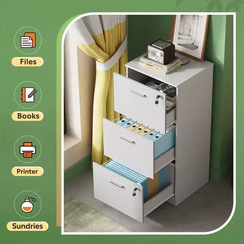 GALAXHERO 3-Drawer Vertical Wooden File Cabinet with Lock - Home Office Storage & Printer Stand for Letter/A4 Sizes