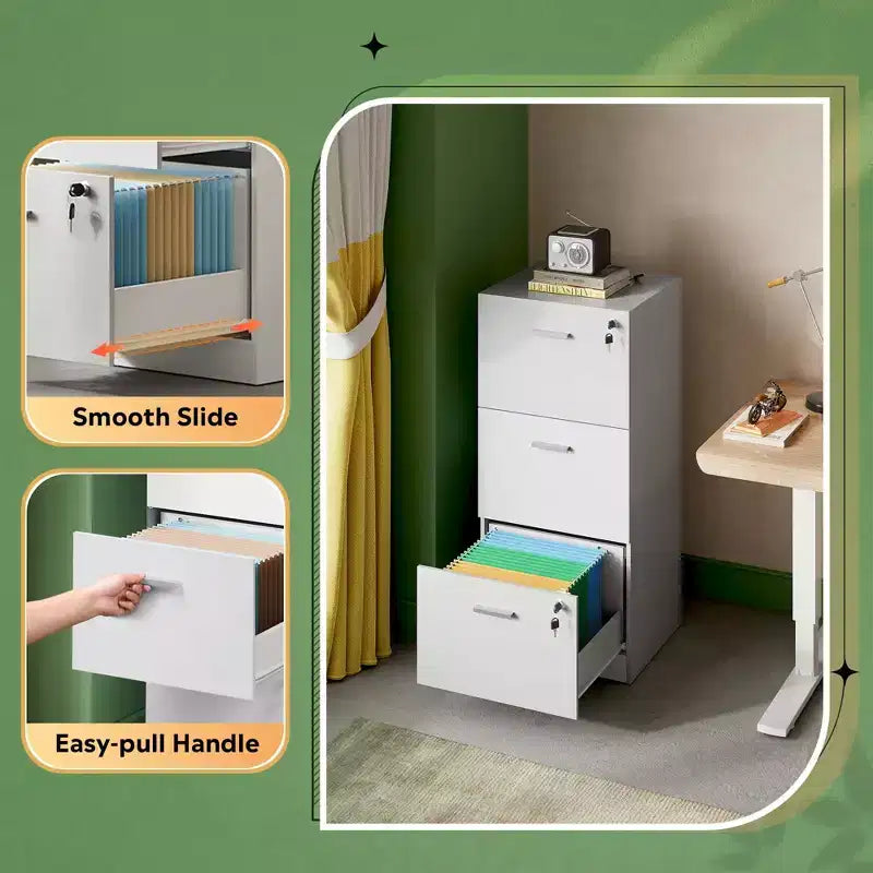 GALAXHERO 3-Drawer Vertical Wooden File Cabinet with Lock - Home Office Storage & Printer Stand for Letter/A4 Sizes