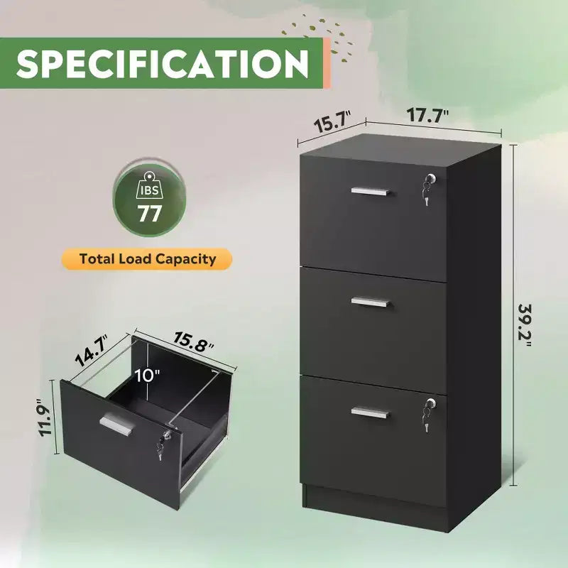 GALAXHERO 3-Drawer Vertical Wooden File Cabinet with Lock - Home Office Storage & Printer Stand for Letter/A4 Sizes