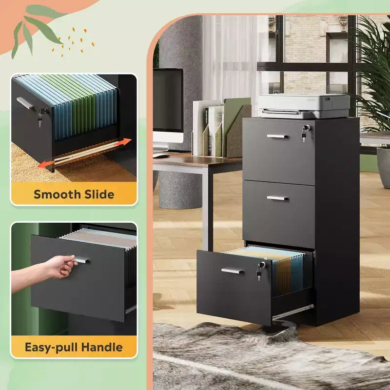 GALAXHERO 3-Drawer Vertical Wooden File Cabinet with Lock - Home Office Storage & Printer Stand for Letter/A4 Sizes