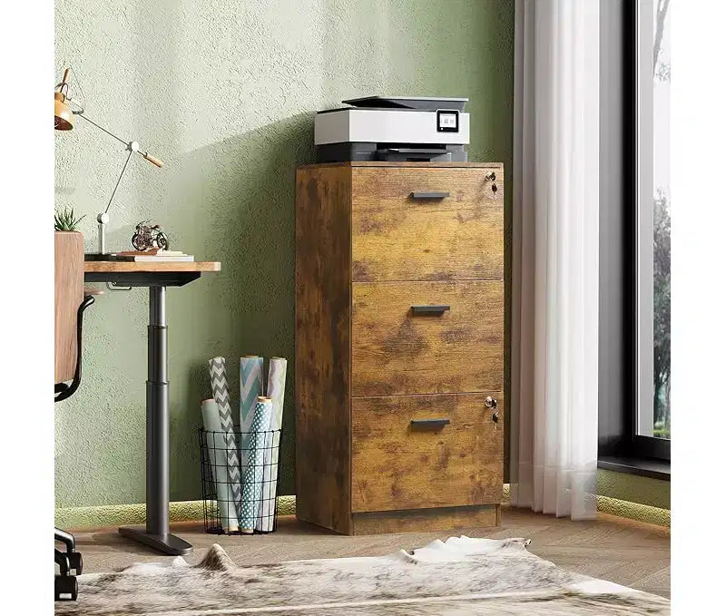 GALAXHERO 3-Drawer Vertical Wooden File Cabinet with Lock - Home Office Storage & Printer Stand for Letter/A4 Sizes