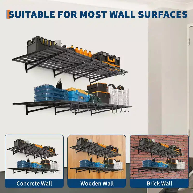 2 Pack 2x4Ft Garage Storage Shelving Wall Mounted with Hooks, 800 Lbs Heavy Duty Storage Shelves, Wall Shelving Garage Storage Rack Organization