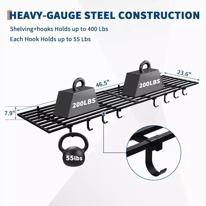 2 Pack 2x4Ft Garage Storage Shelving Wall Mounted with Hooks, 800 Lbs Heavy Duty Storage Shelves, Wall Shelving Garage Storage Rack Organization