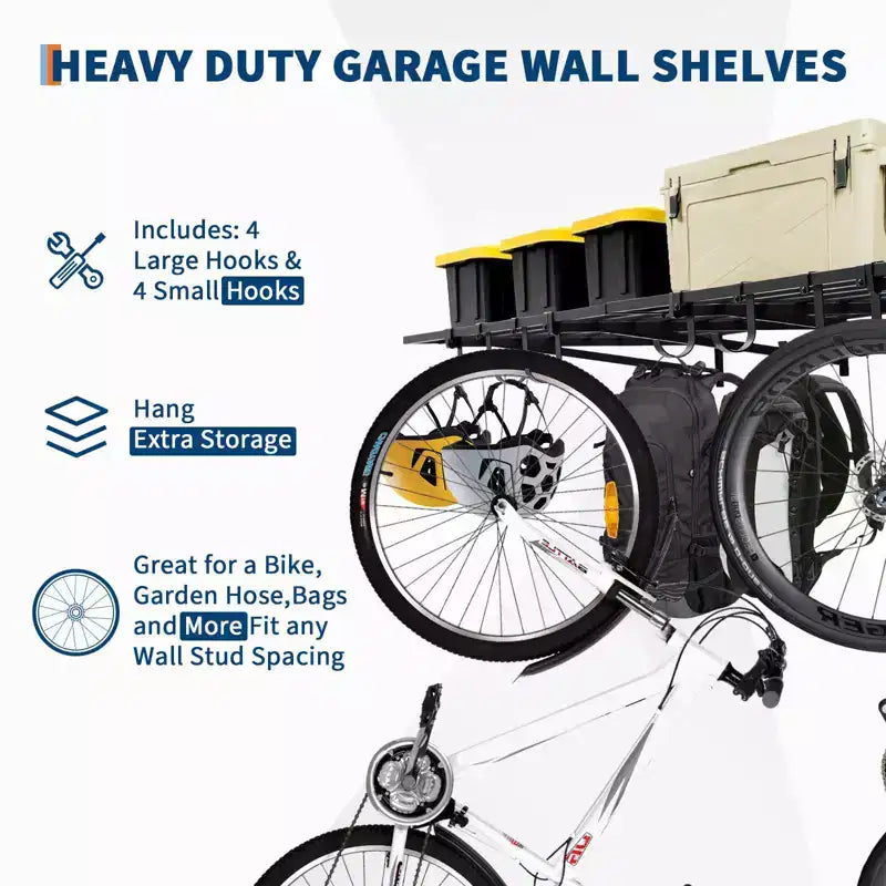 2 Pack 2x4Ft Garage Storage Shelving Wall Mounted with Hooks, 800 Lbs Heavy Duty Storage Shelves, Wall Shelving Garage Storage Rack Organization