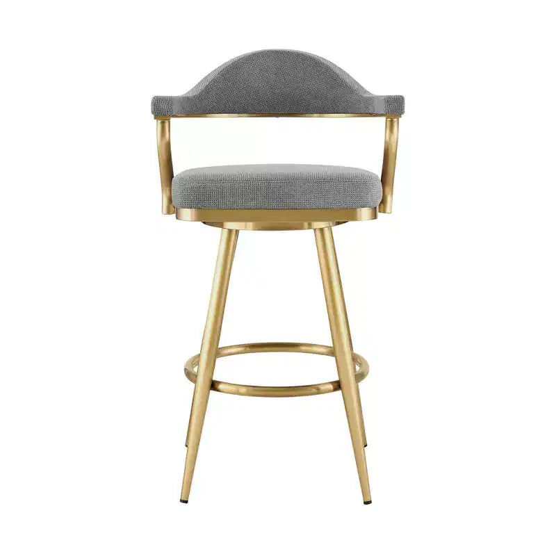 HomeRoots 30 Gray and Gold Fabric and Stainless Steel Low Back Bar Height Swivel Bar Chair