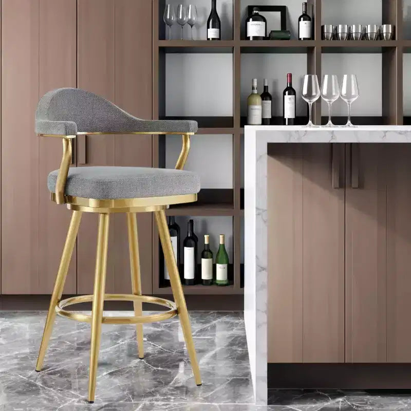 HomeRoots 30 Gray and Gold Fabric and Stainless Steel Low Back Bar Height Swivel Bar Chair