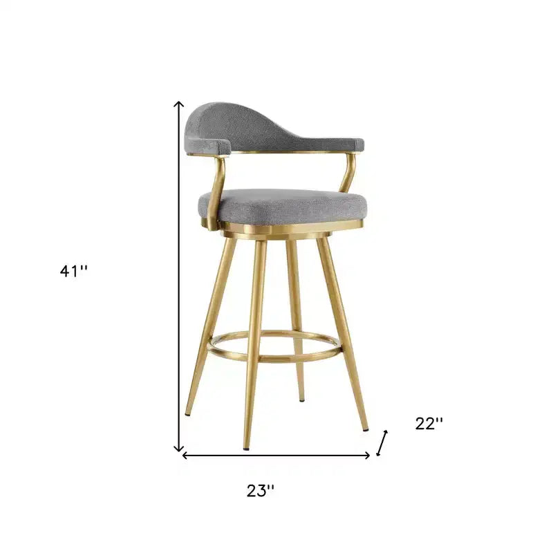 HomeRoots 30 Gray and Gold Fabric and Stainless Steel Low Back Bar Height Swivel Bar Chair
