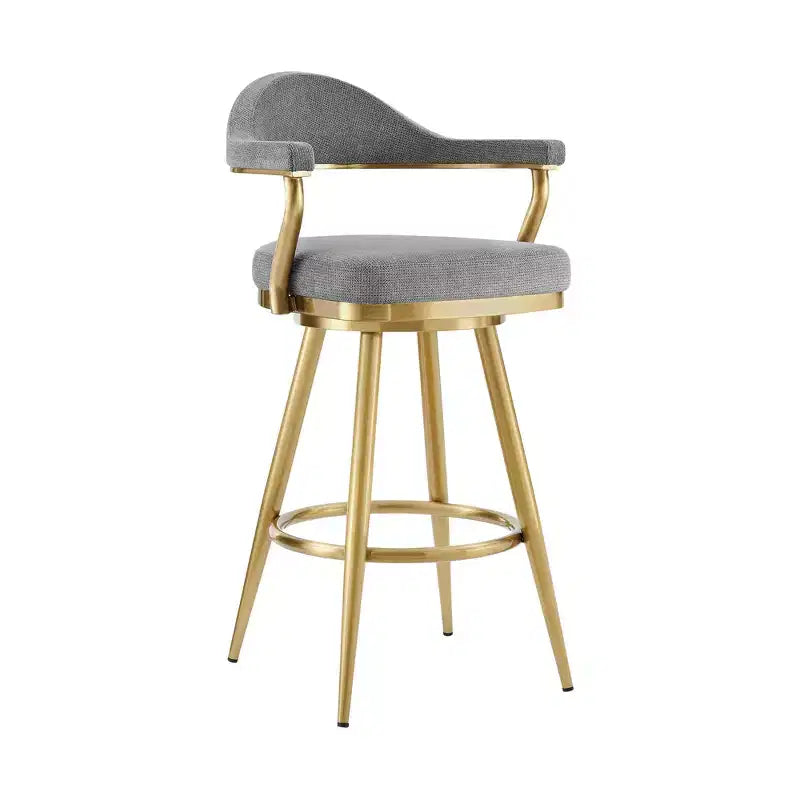 HomeRoots 30 Gray and Gold Fabric and Stainless Steel Low Back Bar Height Swivel Bar Chair