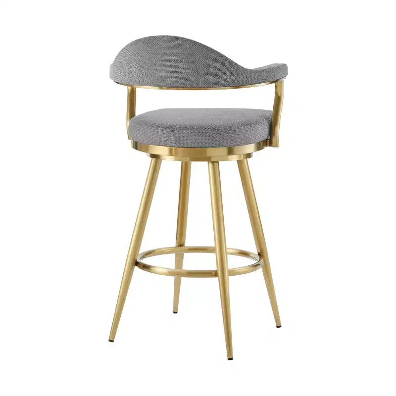 HomeRoots 30 Gray and Gold Fabric and Stainless Steel Low Back Bar Height Swivel Bar Chair