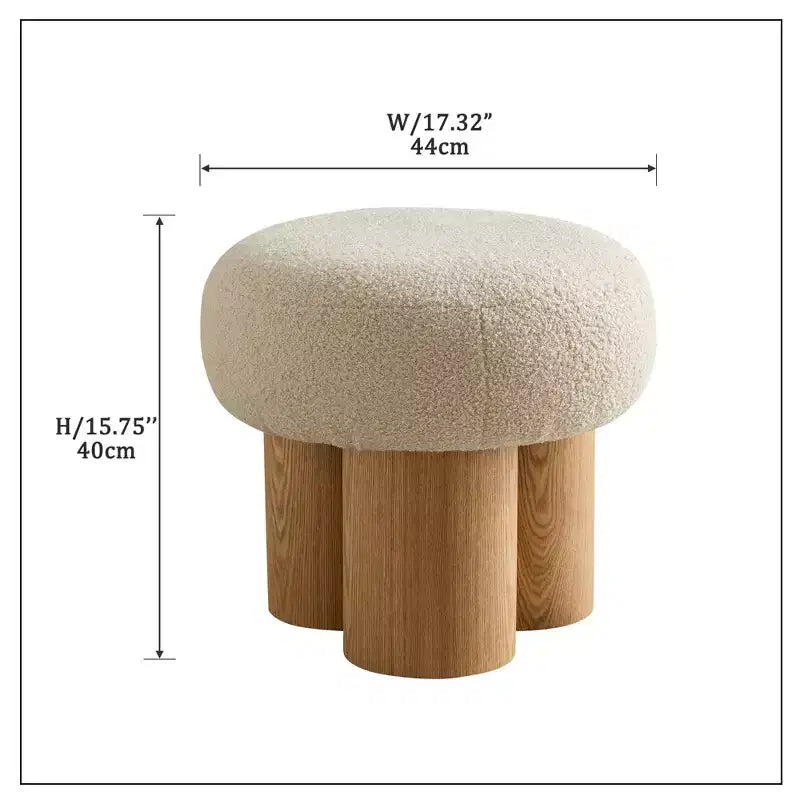 Homy Casa Round Accent Stool with Boucl Upholstery & Solid Wood Cylinder Legs, Beige