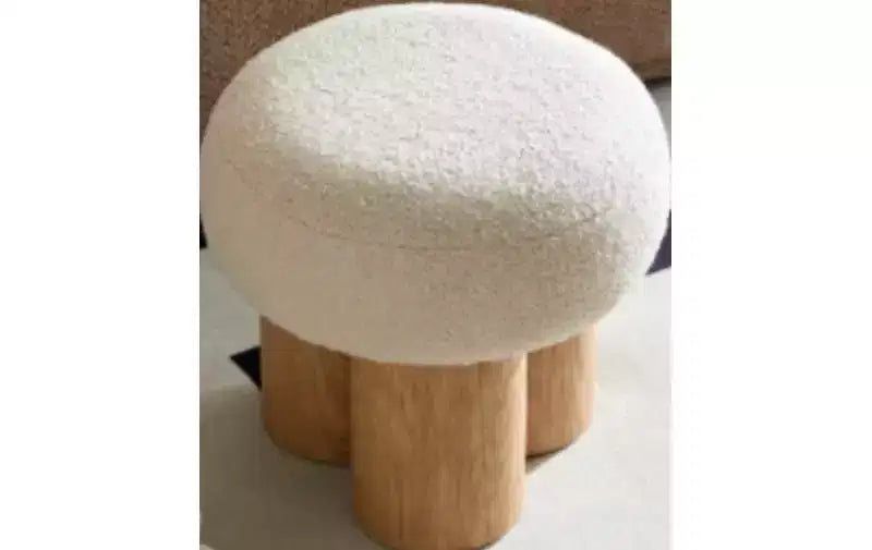 Homy Casa Round Accent Stool with Boucl Upholstery & Solid Wood Cylinder Legs, Beige