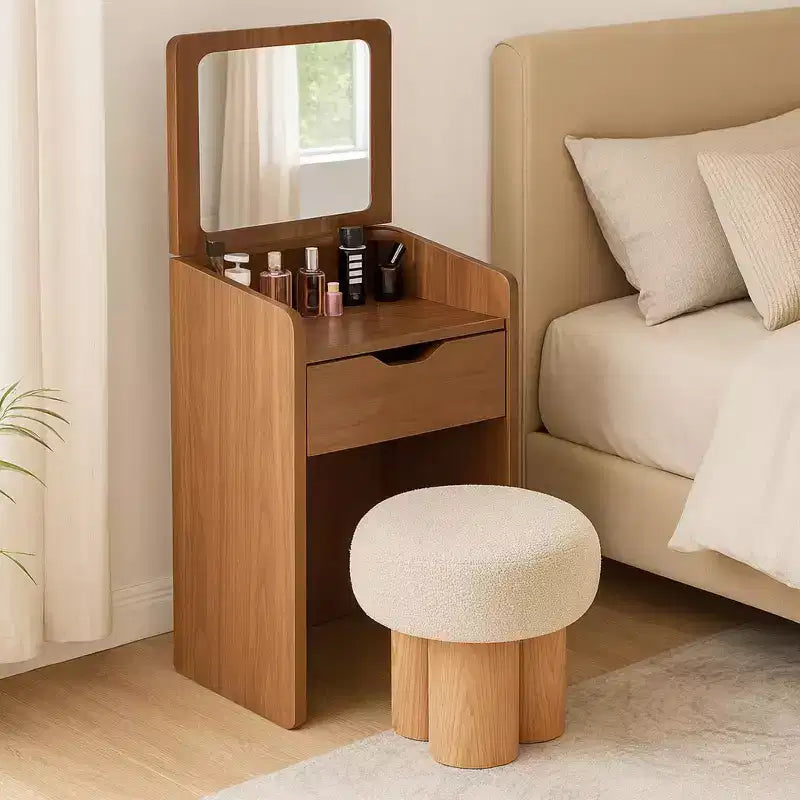 Homy Casa Round Accent Stool with Boucl Upholstery & Solid Wood Cylinder Legs, Beige