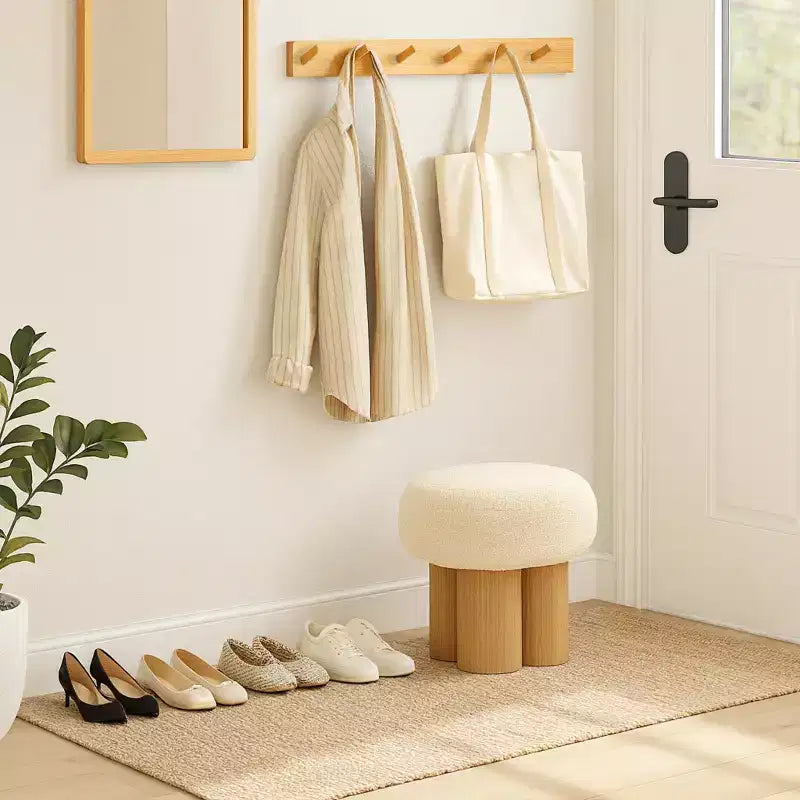 Homy Casa Round Accent Stool with Boucl Upholstery & Solid Wood Cylinder Legs, Beige