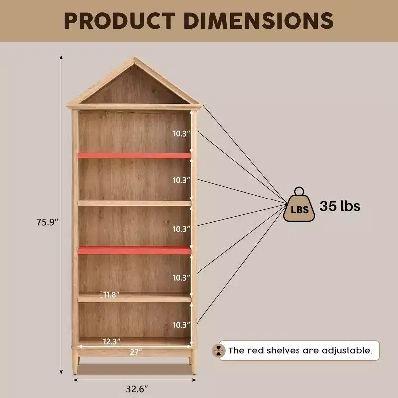 Bookshelf with Adjustable Shelves, 75.9 Tall Wide Bookshelf with Storage, 5 Tiers Open Shelves Bookcase with Triangular Top