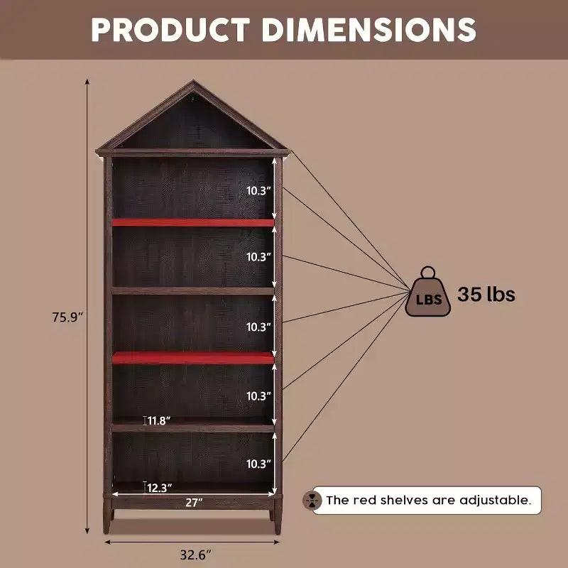 Bookshelf with Adjustable Shelves, 75.9 Tall Wide Bookshelf with Storage, 5 Tiers Open Shelves Bookcase with Triangular Top