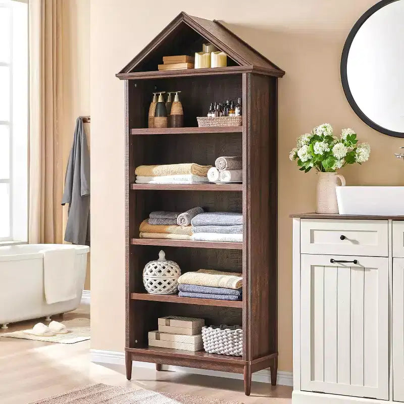 Bookshelf with Adjustable Shelves, 75.9 Tall Wide Bookshelf with Storage, 5 Tiers Open Shelves Bookcase with Triangular Top