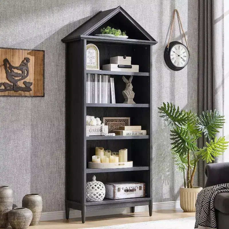 Bookshelf with Adjustable Shelves, 75.9 Tall Wide Bookshelf with Storage, 5 Tiers Open Shelves Bookcase with Triangular Top