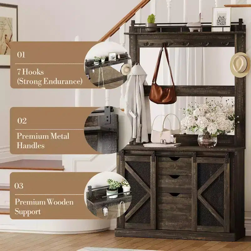 COZONY 5-in-1 Hall Tree with Shoe Storage, Adjustable Side Stand, Coat Rack & Dressing Table, Corner Design  for Hallway, Living Room, Mudroom