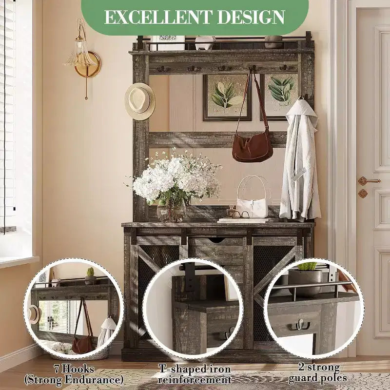 COZONY 5-in-1 Hall Tree with Shoe Storage, Adjustable Side Stand, Coat Rack & Dressing Table, Corner Design  for Hallway, Living Room, Mudroom