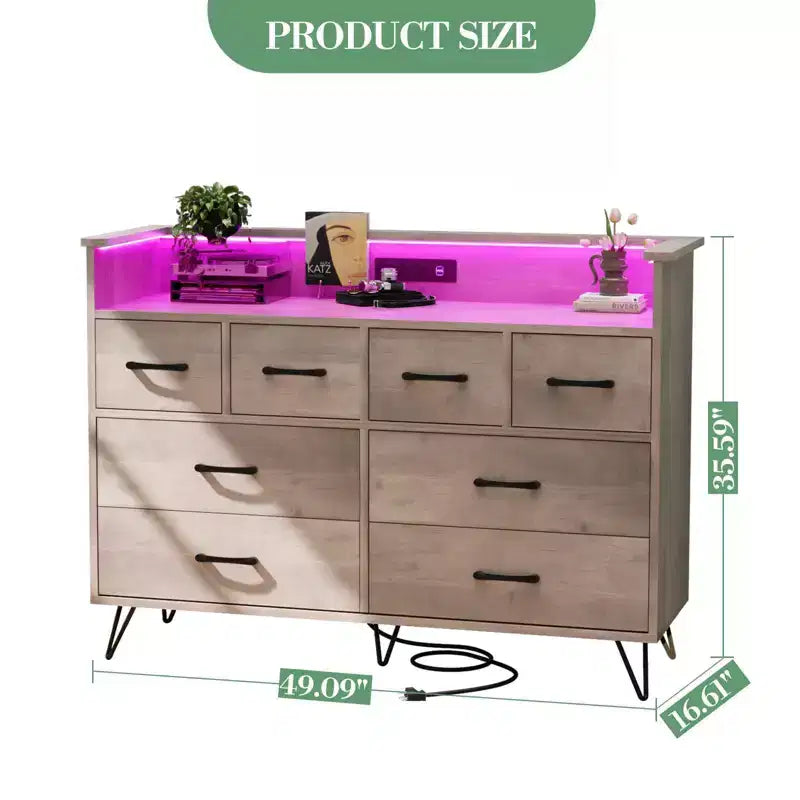COZONY Dresser TV Stand 8-Drawer Wooden Entertainment Center with LED Light Charging Station Wide Storage for Bedroom Living Room