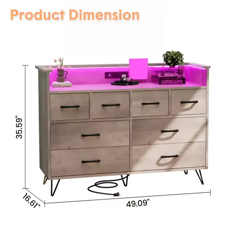 COZONY Dresser TV Stand 8-Drawer Wooden Entertainment Center with LED Light Charging Station Wide Storage for Bedroom Living Room