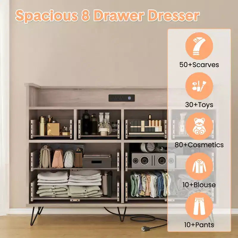 COZONY Dresser TV Stand 8-Drawer Wooden Entertainment Center with LED Light Charging Station Wide Storage for Bedroom Living Room